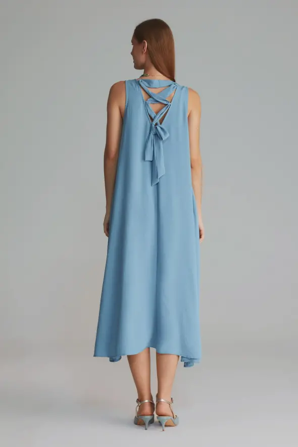 Long Dress with Lace-up Back - Blue - 4