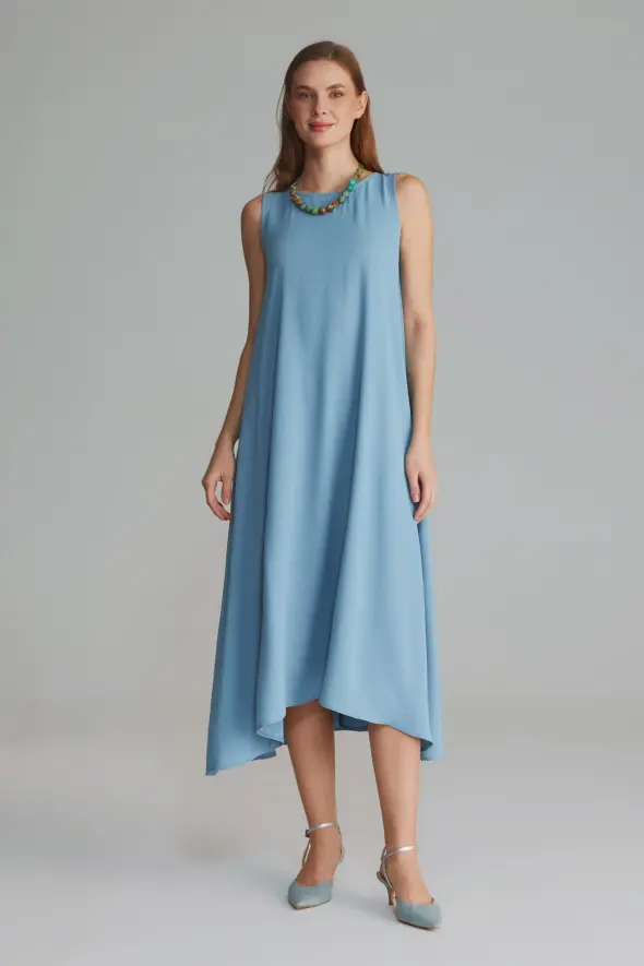 Long Dress with Lace-up Back - Blue - 2