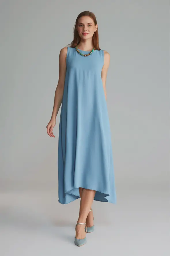 Long Dress with Lace-up Back - Blue - 1