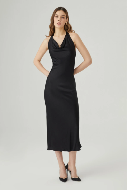 Long Evening Dress with Tie Neck - Black Black