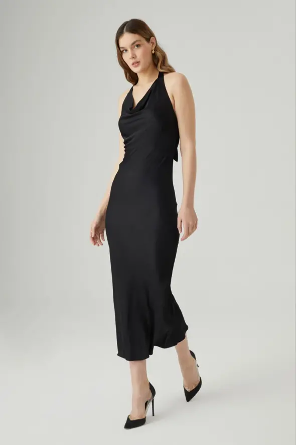 Long Evening Dress with Tie Neck - Black - 2