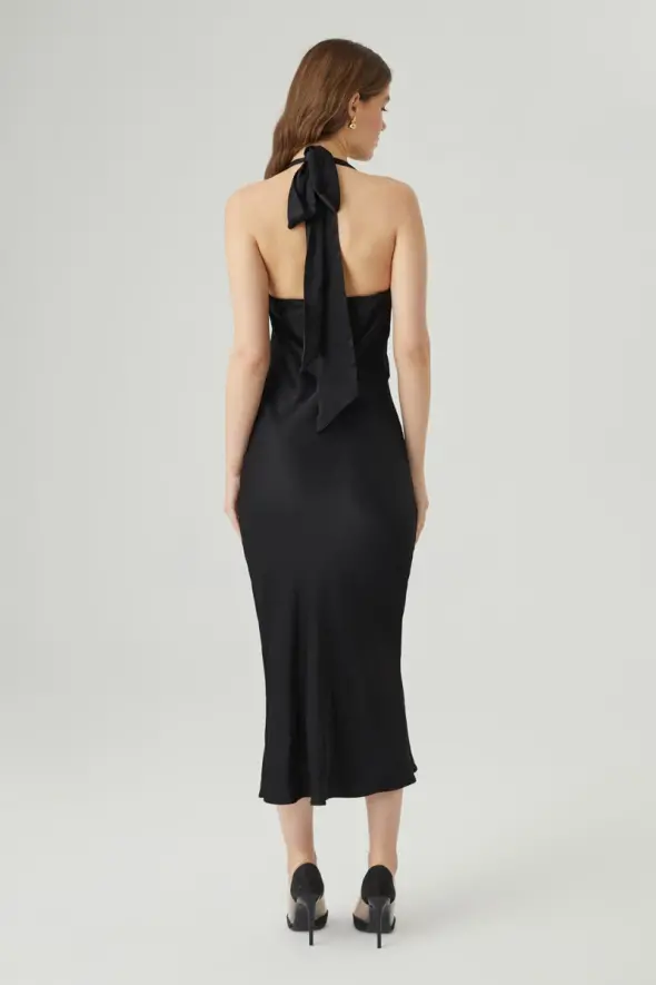 Long Evening Dress with Tie Neck - Black - 7