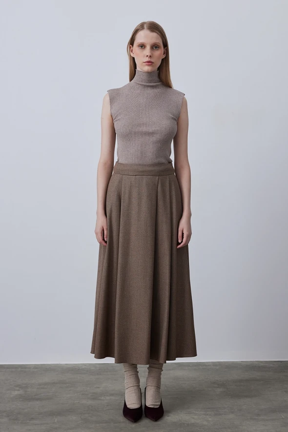 Long Flared Skirt with Side Pocket - Brown - 3