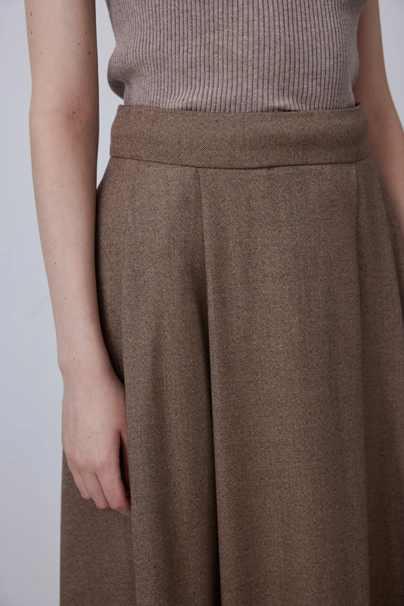 Long Flared Skirt with Side Pocket - Brown - 5