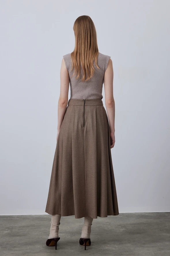 Long Flared Skirt with Side Pocket - Brown - 6