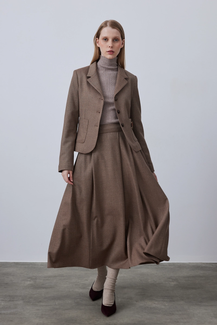 Long Flared Skirt with Side Pocket - Brown Kahverengi