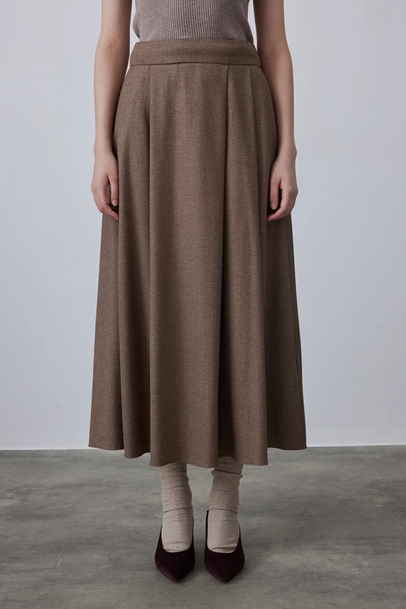 Long Flared Skirt with Side Pocket - Brown - 2