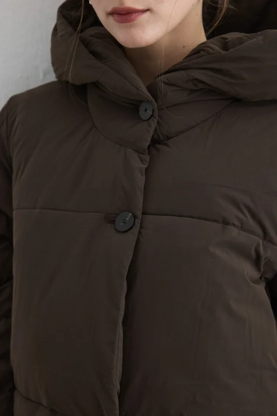 Long Hooded Puffer Jacket - Brown - Gusto