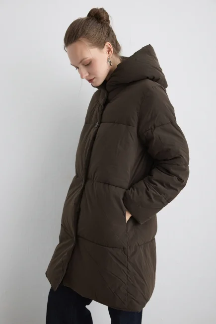 Long Hooded Puffer Jacket - Brown - Gusto (1)