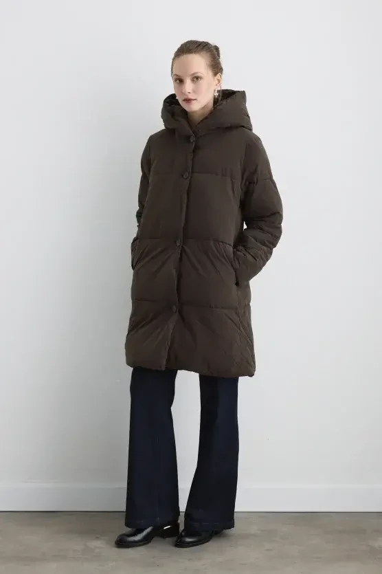 Long Hooded Puffer Jacket - Brown - 1
