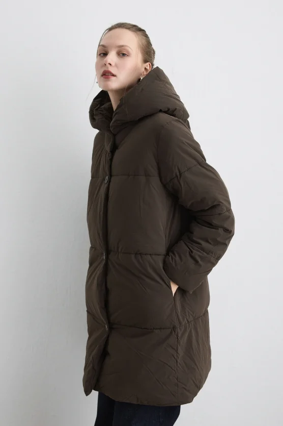 Long Hooded Puffer Jacket Brown - 3
