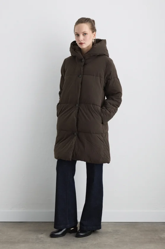 Long Hooded Puffer Jacket Brown - 1