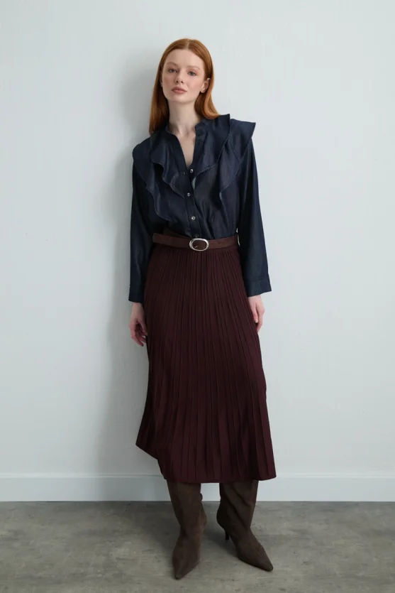 Long Knit Pleated Skirt Brown - Gusto