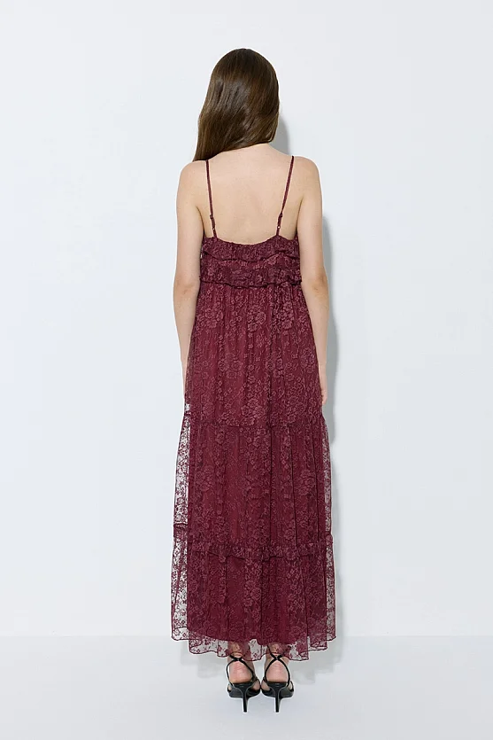Long Lace Evening Dress with Thin Straps - Burgundy - 6