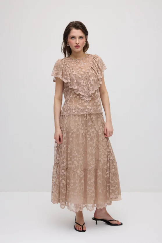 Long Lace Skirt - Beige - 1