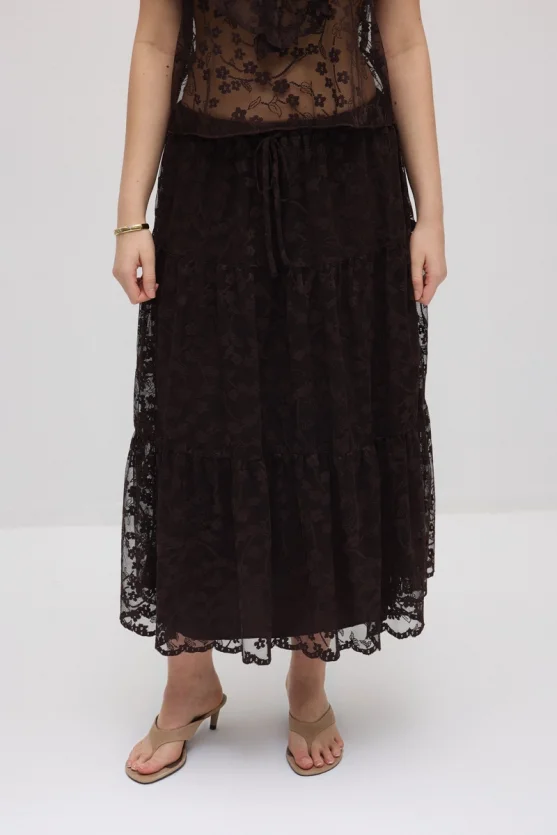 Long Lace Skirt - Brown - 2