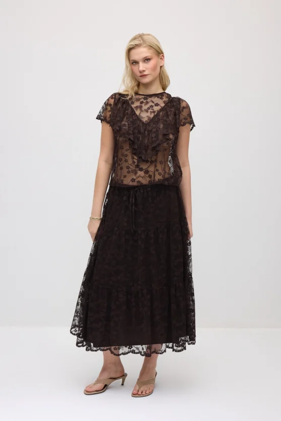 Long Lace Skirt - Brown - 3