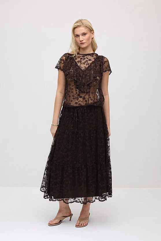 Long Lace Skirt - Brown - 3