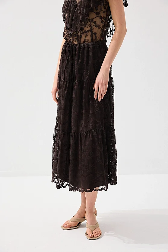 Long Lace Skirt - Brown - Gusto