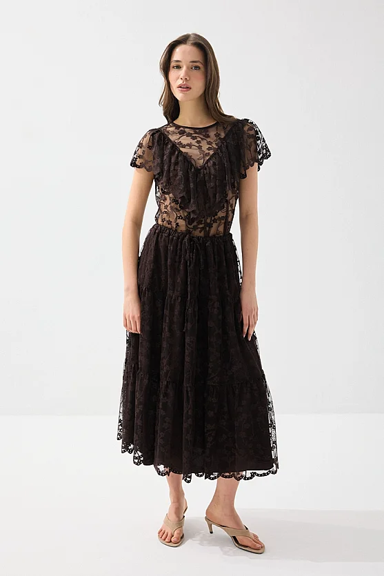 Long Lace Skirt - Brown - Gusto