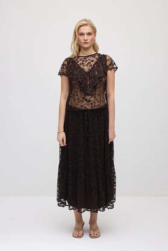 Long Lace Skirt - Brown - Gusto