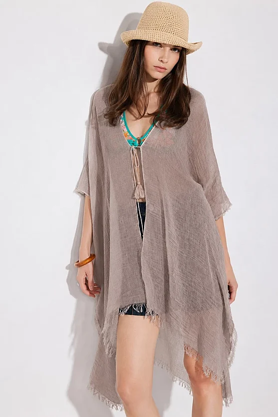 Long Lace-Up Kimono - Beige - 3