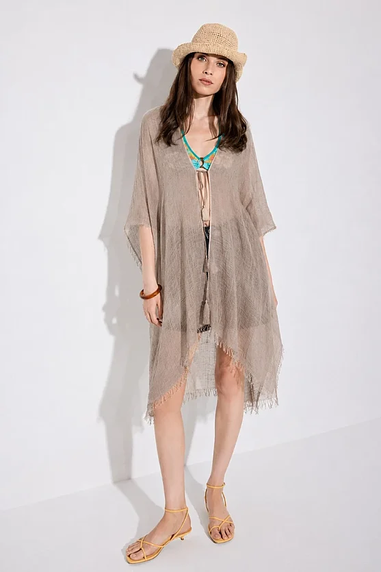Long Lace-Up Kimono - Beige - 2
