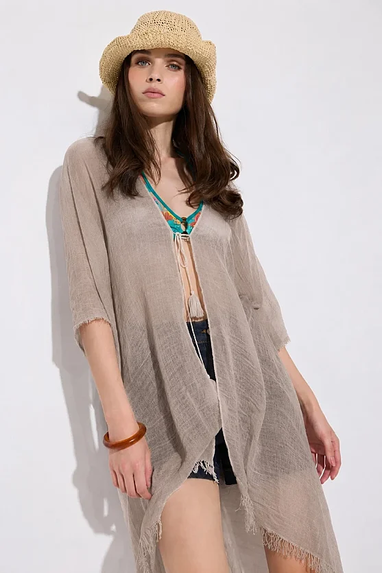 Long Lace-Up Kimono - Beige - Gusto
