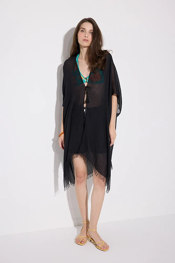 Long Lace-Up Kimono - Black