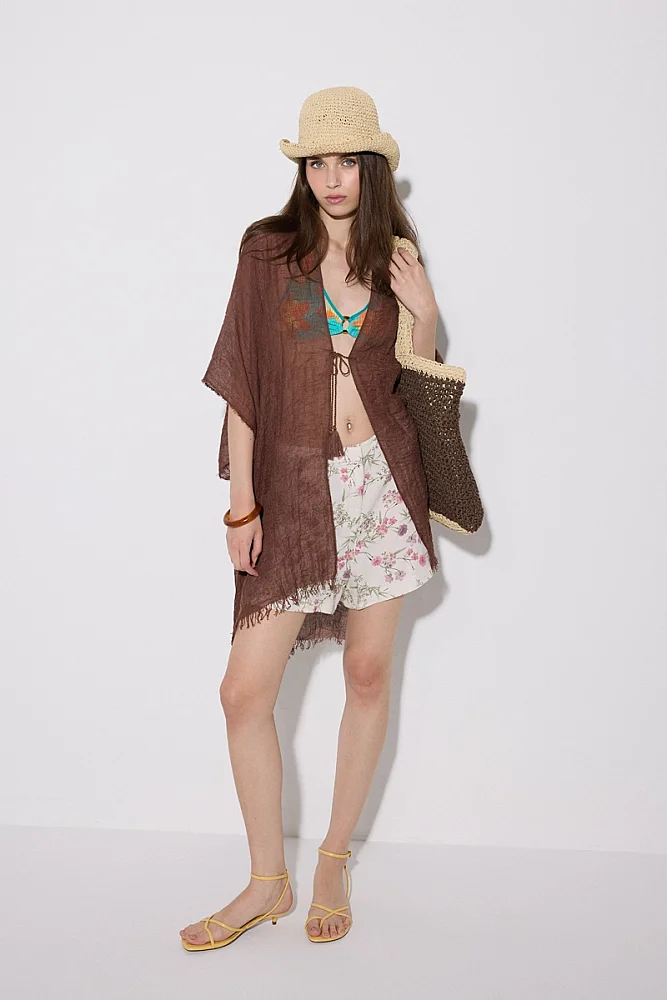 Long Lace-Up Kimono - Brown