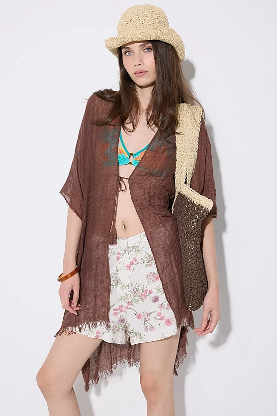 Long Lace-Up Kimono - Brown - Gusto