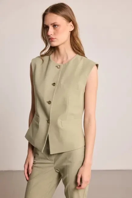 Long Linen Blend Vest - Green
