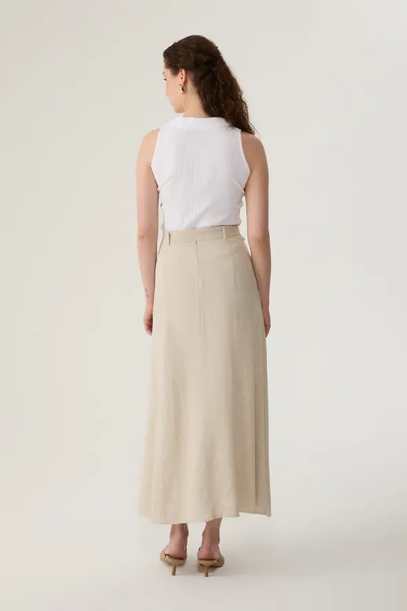 Long Linen Flared Skirt - Beige - 5