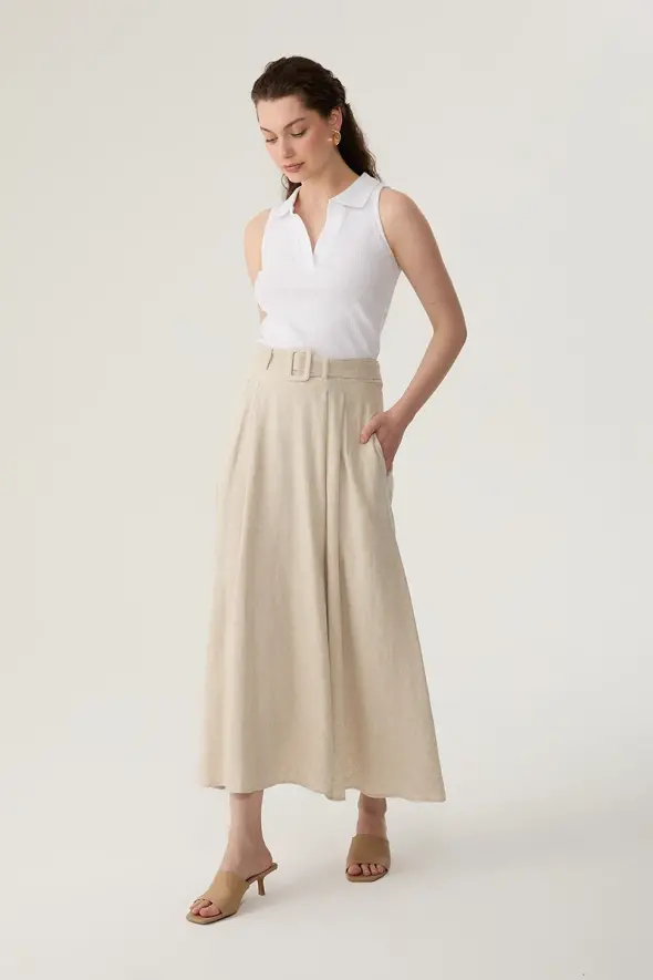 Long Linen Flared Skirt - Beige - 3