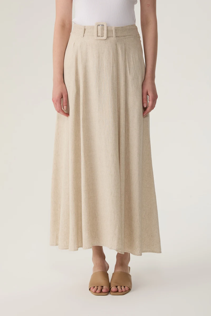 Long Linen Flared Skirt - Beige Beige