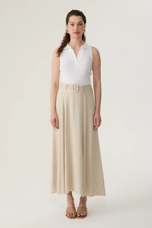 Long Linen Flared Skirt - Beige - 2