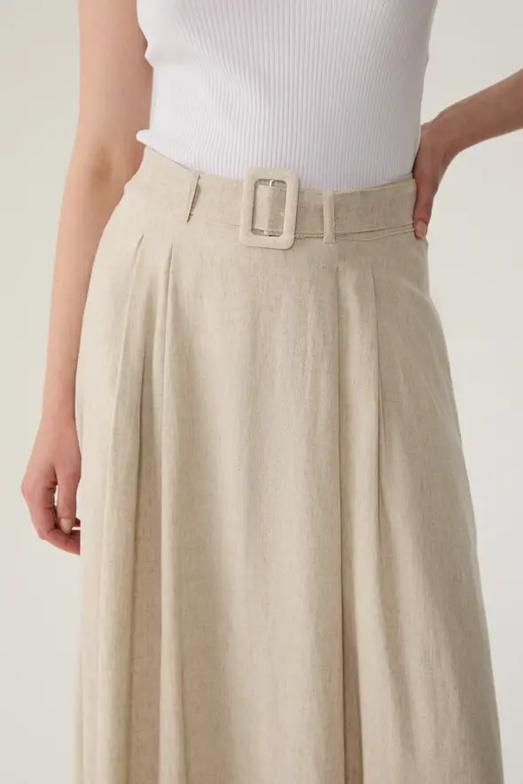 Long Linen Flared Skirt - Beige - 4