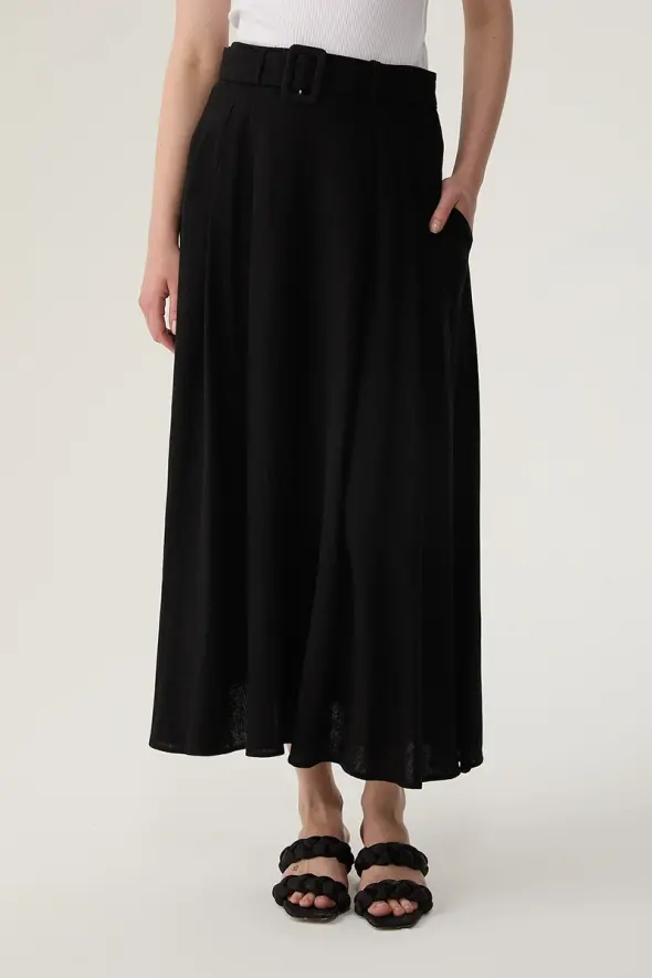 Long Linen Flared Skirt - Black - 1