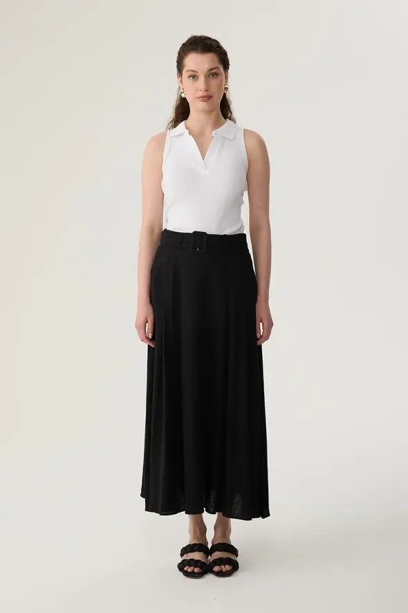 Long Linen Flared Skirt - Black - 2