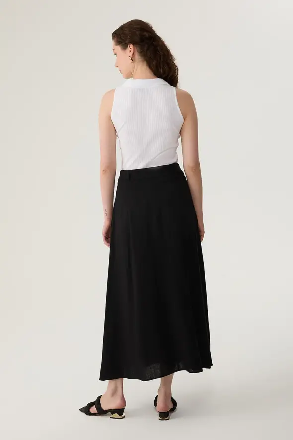 Long Linen Flared Skirt - Black - 6