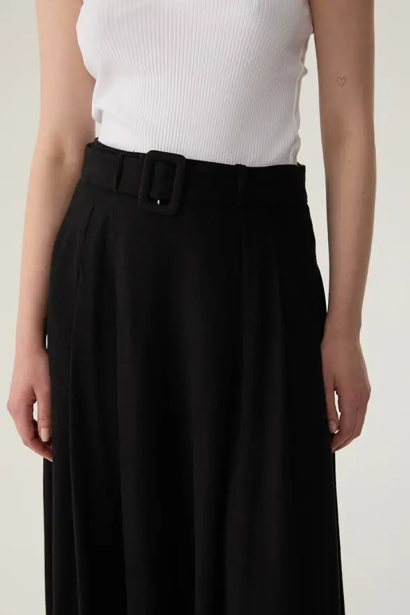 Long Linen Flared Skirt - Black - 5