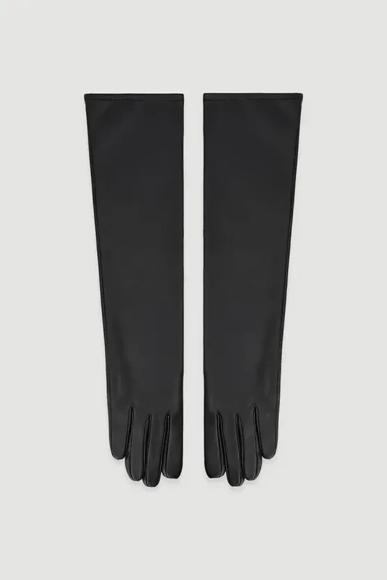 Long Matte Leather Gloves - Black - Gusto