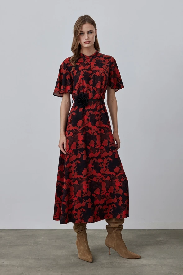 Long Patterned Dress with Judge Collar - Red - 2