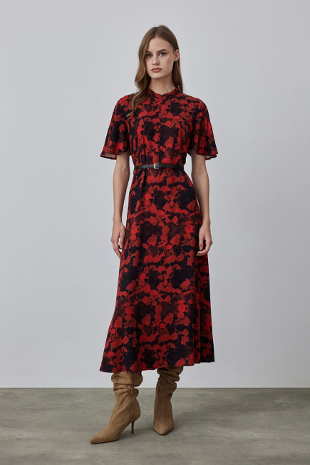 Long Patterned Dress with Judge Collar - Red Red