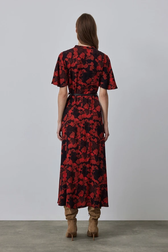 Long Patterned Dress with Judge Collar - Red - 6