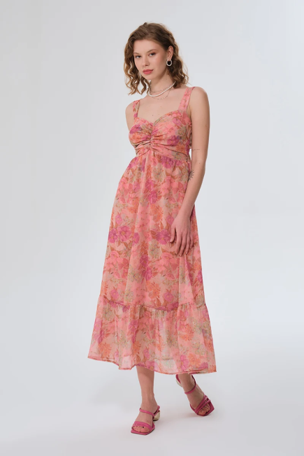 Long Patterned Dress with Lace-up Back - Pink Pink