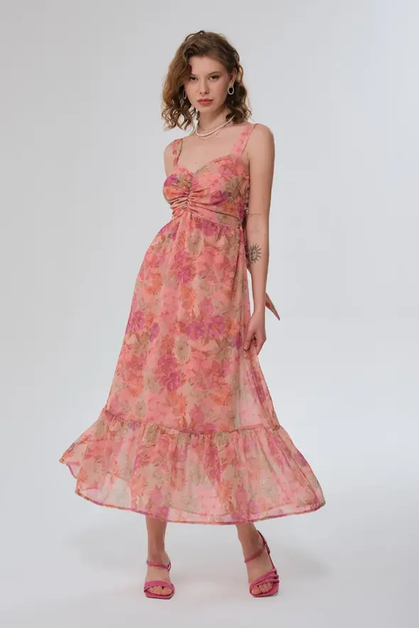 Long Patterned Dress with Lace-up Back - Pink - 2
