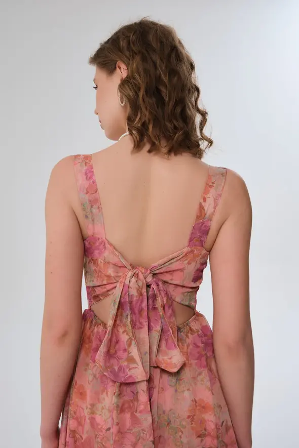 Long Patterned Dress with Lace-up Back - Pink - 6