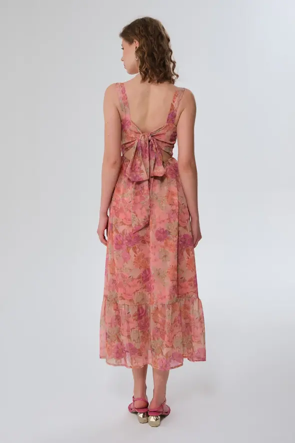 Long Patterned Dress with Lace-up Back - Pink - 7