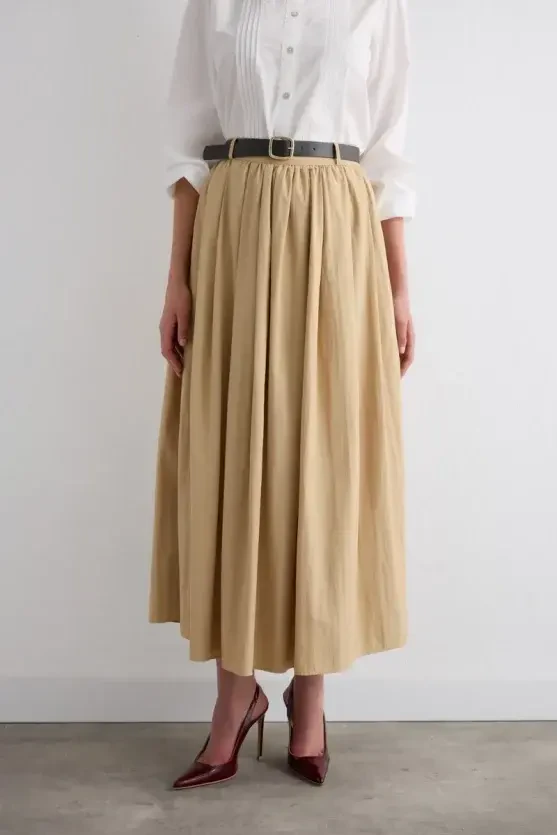 Long Skirt with Drawstring Waist - Beige - 3